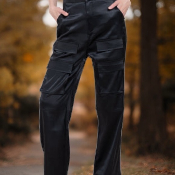 Apostrophe Pants - Apostrophe Black Shiny Satin Side Cargo Pocket Split Hem Stretch Pant